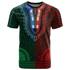 Green-red Dashiki and Tapa Pattern T shirt Africa-Polynesia Together Culture