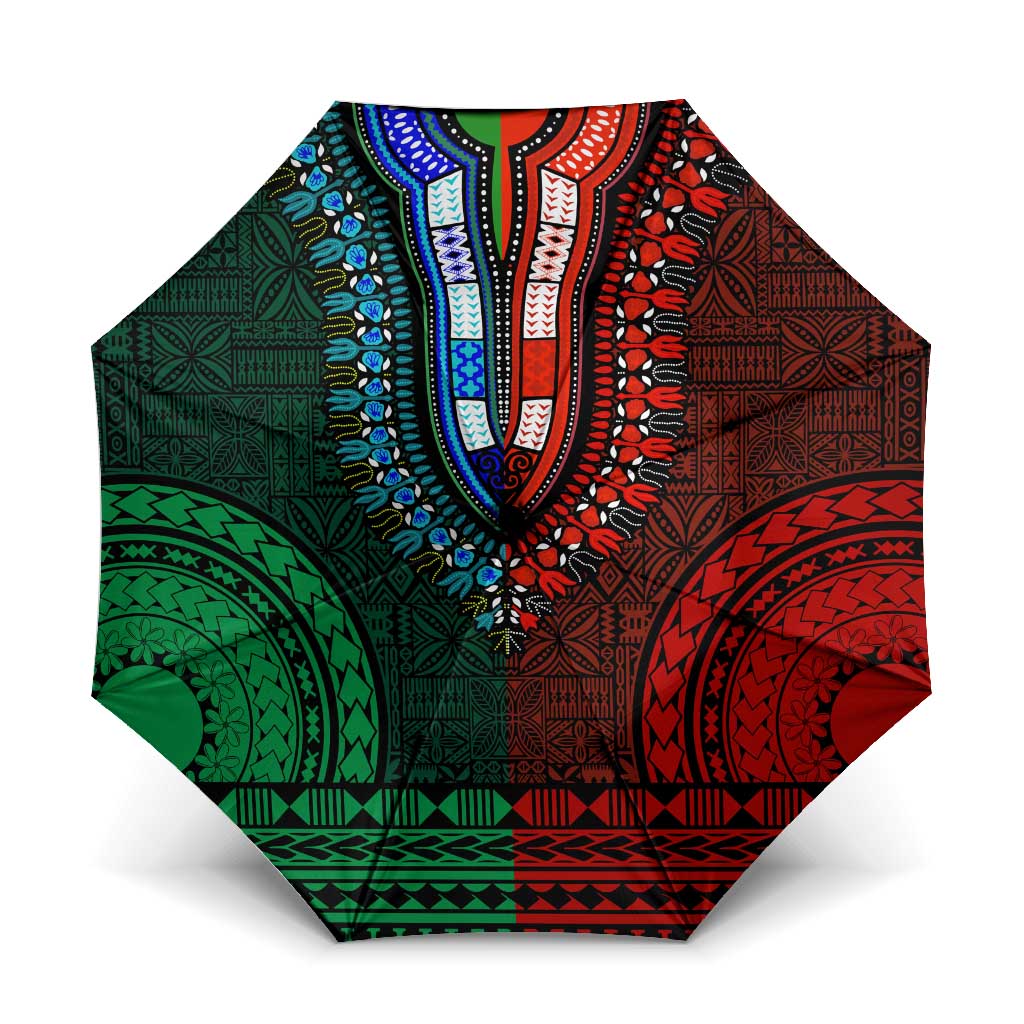 Green-red Dashiki and Tapa Pattern Umbrella Africa-Polynesia Together Culture