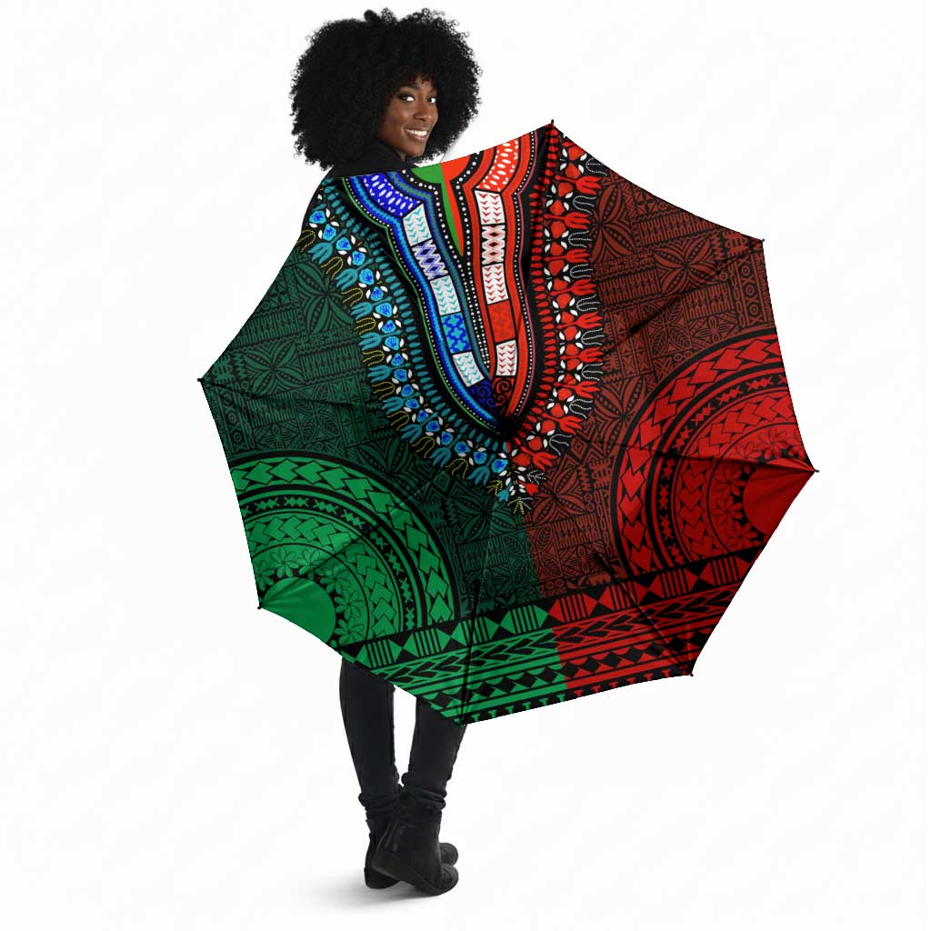 Green-red Dashiki and Tapa Pattern Umbrella Africa-Polynesia Together Culture