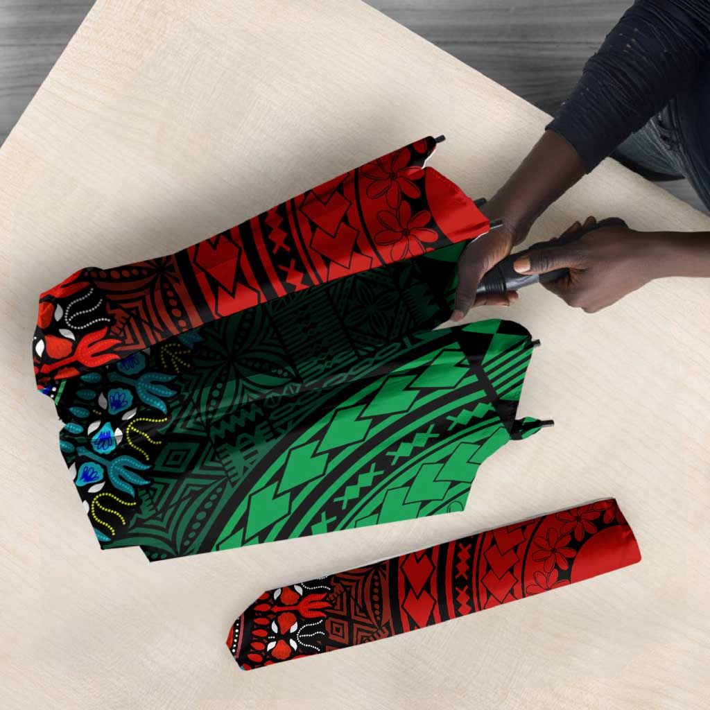 Green-red Dashiki and Tapa Pattern Umbrella Africa-Polynesia Together Culture