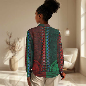 Green-red Dashiki and Tapa Pattern Women Casual Shirt Africa-Polynesia Together Culture