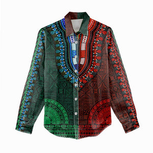 Green-red Dashiki and Tapa Pattern Women Casual Shirt Africa-Polynesia Together Culture