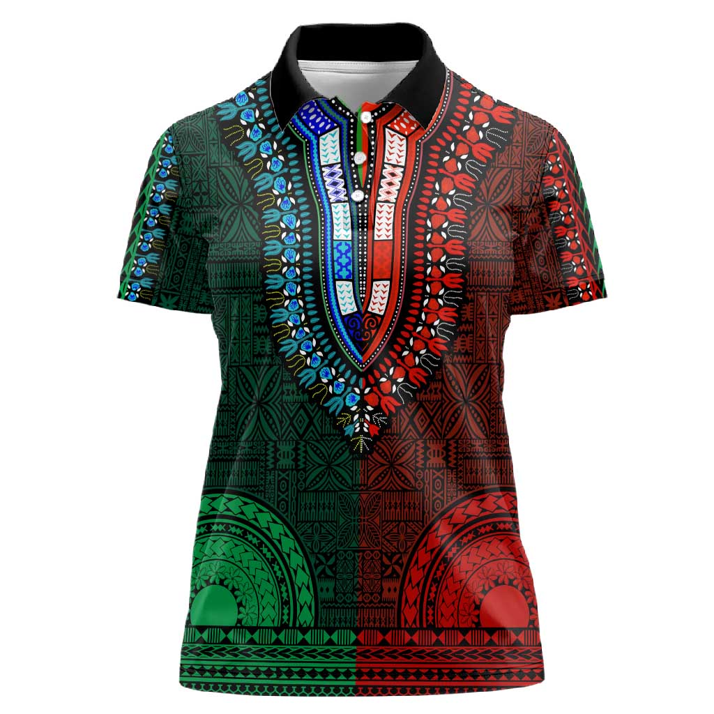 Green-red Dashiki and Tapa Pattern Women Polo Shirt Africa-Polynesia Together Culture