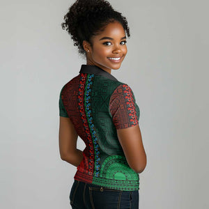 Green-red Dashiki and Tapa Pattern Women Polo Shirt Africa-Polynesia Together Culture