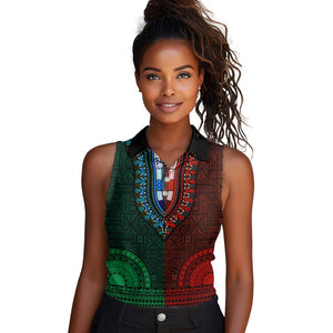 Green-red Dashiki and Tapa Pattern Women Sleeveless Polo Shirt Africa-Polynesia Together Culture