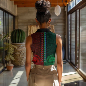 Green-red Dashiki and Tapa Pattern Women Sleeveless Polo Shirt Africa-Polynesia Together Culture