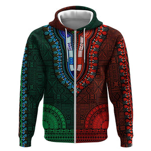 Green-red Dashiki and Tapa Pattern Zip Hoodie Africa-Polynesia Together Culture