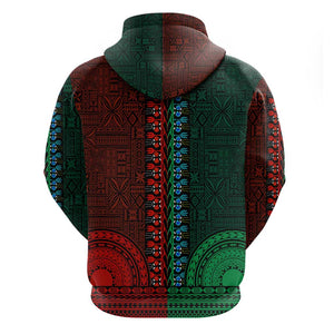 Green-red Dashiki and Tapa Pattern Zip Hoodie Africa-Polynesia Together Culture