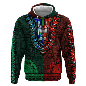 Green-red Dashiki and Tapa Pattern Zip Hoodie Africa-Polynesia Together Culture