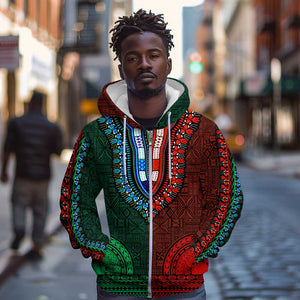 Green-red Dashiki and Tapa Pattern Zip Hoodie Africa-Polynesia Together Culture