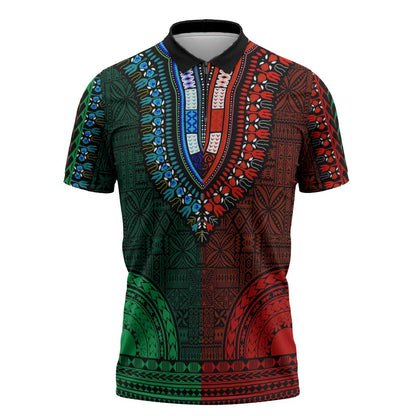 Green-red Dashiki and Tapa Pattern Zipper Polo Shirt Africa-Polynesia Together Culture