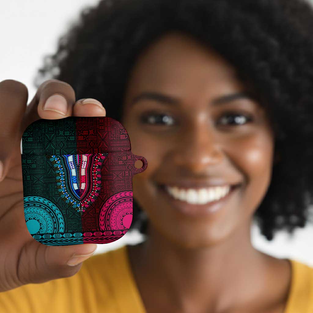 Teal-pink Dashiki and Tapa Pattern AirPods Case Africa-Polynesia Together Culture