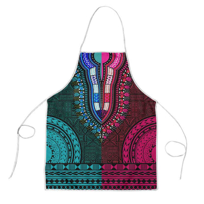 Teal-pink Dashiki and Tapa Pattern Apron Africa-Polynesia Together Culture