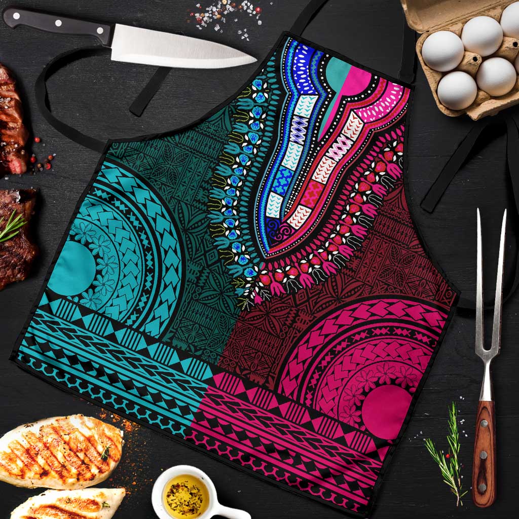 Teal-pink Dashiki and Tapa Pattern Apron Africa-Polynesia Together Culture