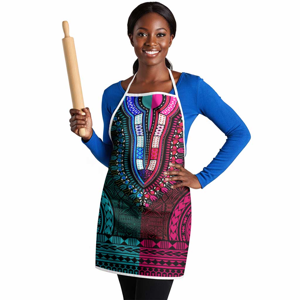 Teal-pink Dashiki and Tapa Pattern Apron Africa-Polynesia Together Culture