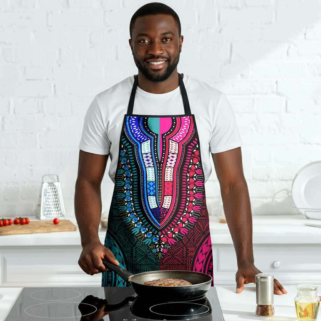 Teal-pink Dashiki and Tapa Pattern Apron Africa-Polynesia Together Culture