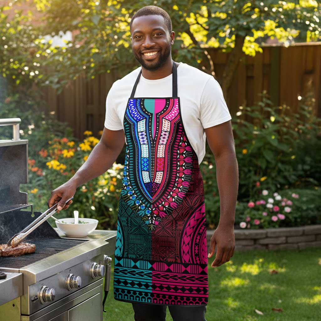 Teal-pink Dashiki and Tapa Pattern Apron Africa-Polynesia Together Culture