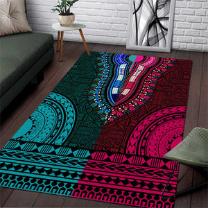 Teal-pink Dashiki and Tapa Pattern Area Rug Africa-Polynesia Together Culture