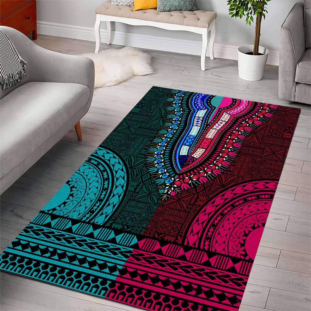 Teal-pink Dashiki and Tapa Pattern Area Rug Africa-Polynesia Together Culture