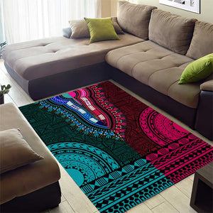 Teal-pink Dashiki and Tapa Pattern Area Rug Africa-Polynesia Together Culture