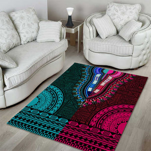 Teal-pink Dashiki and Tapa Pattern Area Rug Africa-Polynesia Together Culture