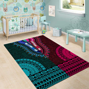 Teal-pink Dashiki and Tapa Pattern Area Rug Africa-Polynesia Together Culture