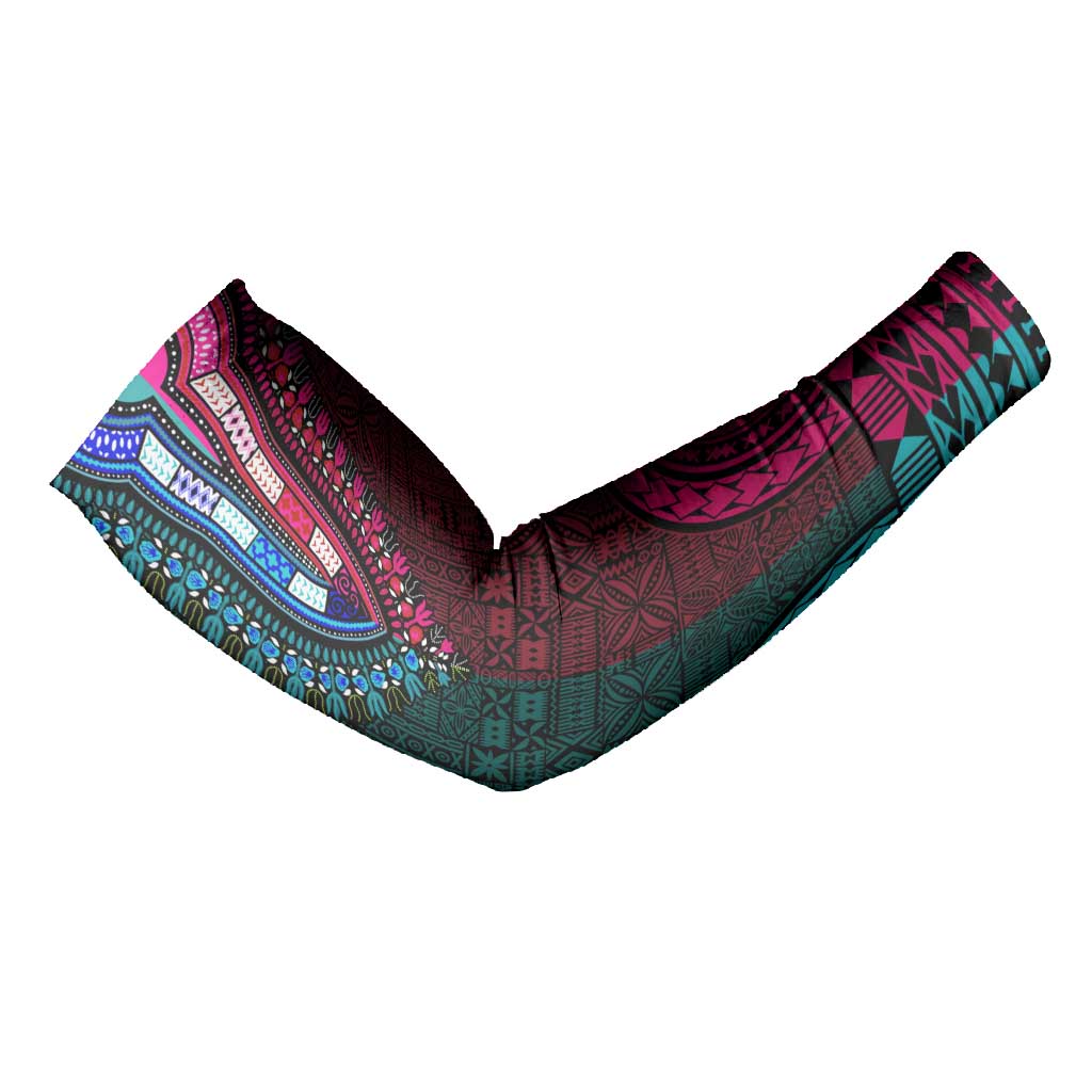 Teal-pink Dashiki and Tapa Pattern Arm Sleeves Africa-Polynesia Together Culture