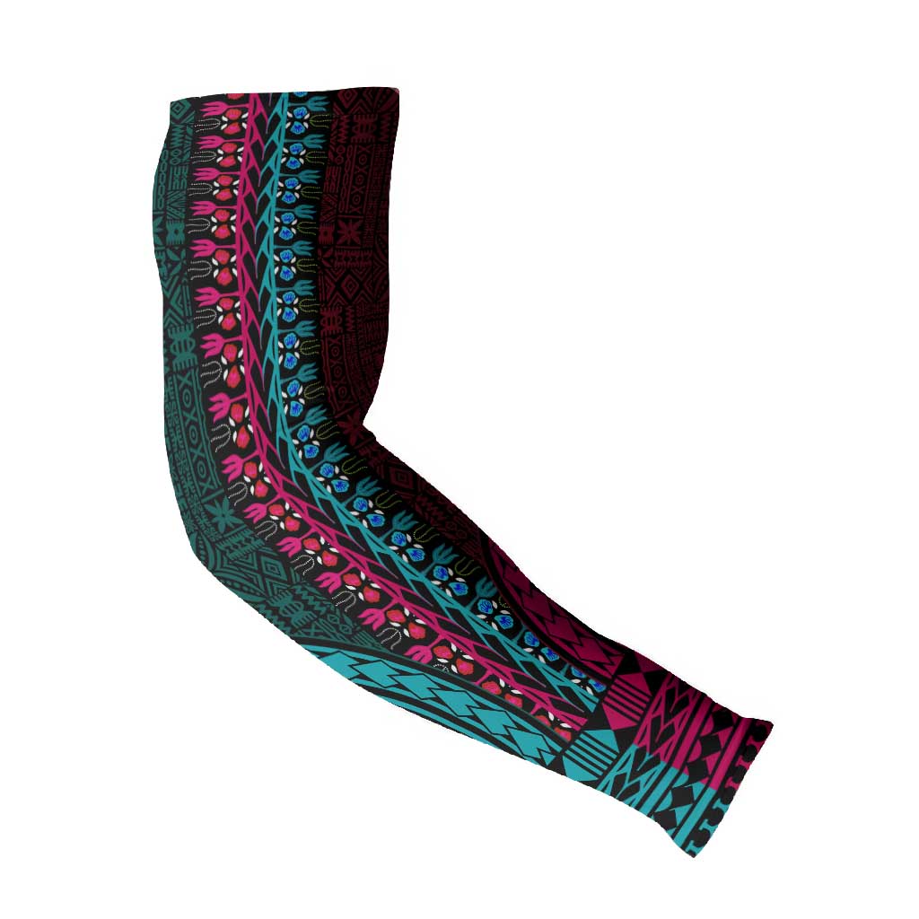 Teal-pink Dashiki and Tapa Pattern Arm Sleeves Africa-Polynesia Together Culture