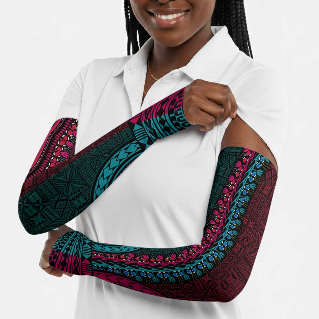 Teal-pink Dashiki and Tapa Pattern Arm Sleeves Africa-Polynesia Together Culture