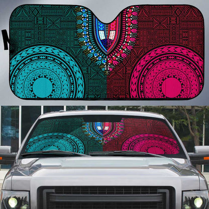 Teal-pink Dashiki and Tapa Pattern Auto Sun Shade Africa-Polynesia Together Culture