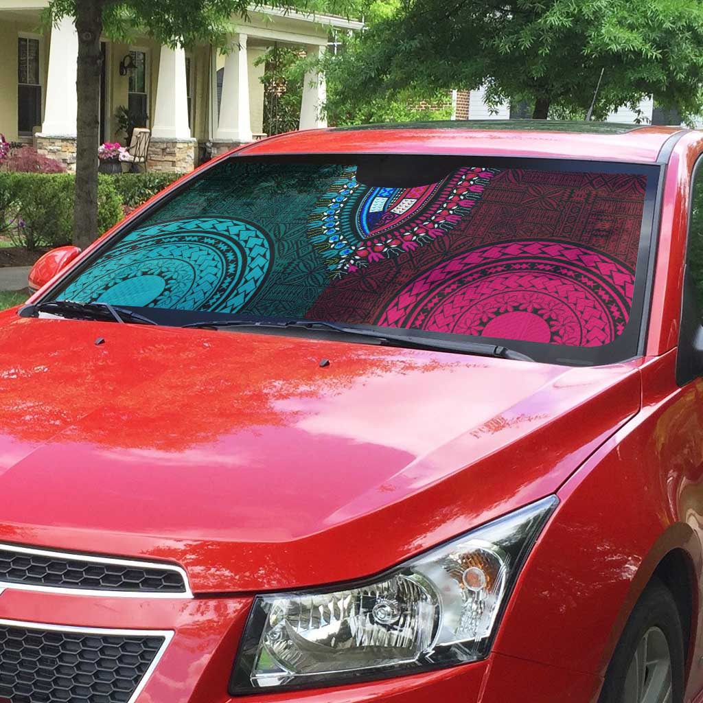 Teal-pink Dashiki and Tapa Pattern Auto Sun Shade Africa-Polynesia Together Culture