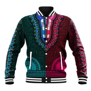 Teal-pink Dashiki and Tapa Pattern Baseball Jacket Africa-Polynesia Together Culture