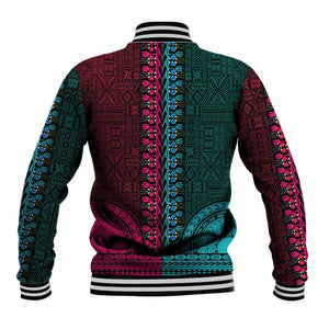 Teal-pink Dashiki and Tapa Pattern Baseball Jacket Africa-Polynesia Together Culture