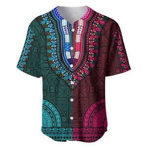 Teal-pink Dashiki and Tapa Pattern Baseball Jersey Africa-Polynesia Together Culture