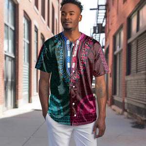 Teal-pink Dashiki and Tapa Pattern Baseball Jersey Africa-Polynesia Together Culture