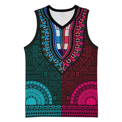 Teal-pink Dashiki and Tapa Pattern Basketball Jersey Africa-Polynesia Together Culture LT9