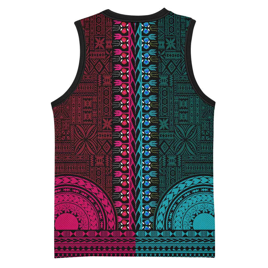 Teal-pink Dashiki and Tapa Pattern Basketball Jersey Africa-Polynesia Together Culture LT9