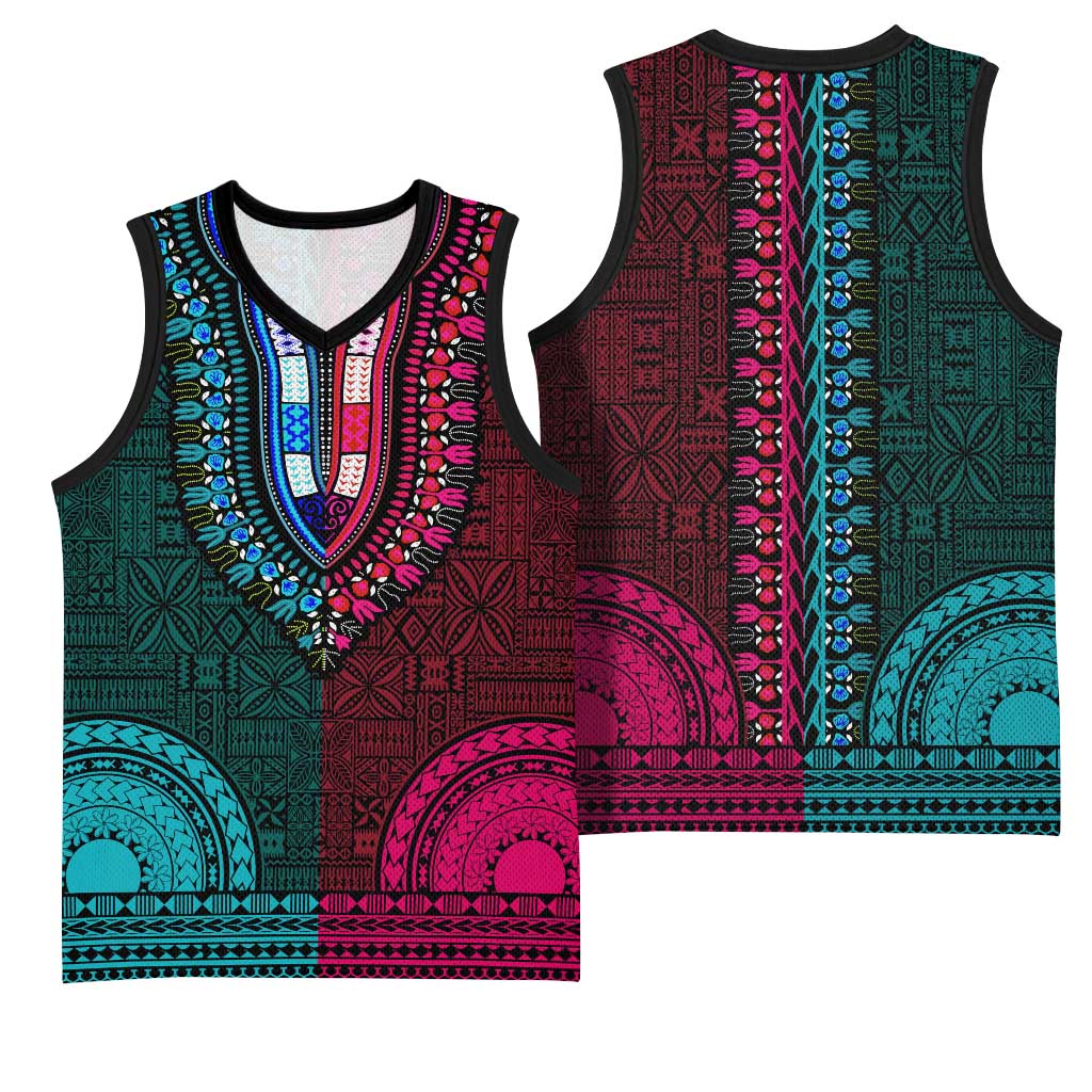 Teal-pink Dashiki and Tapa Pattern Basketball Jersey Africa-Polynesia Together Culture LT9