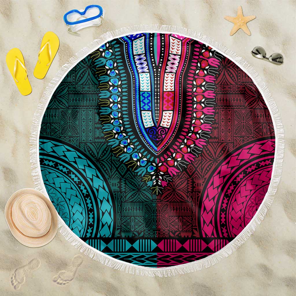 Teal-pink Dashiki and Tapa Pattern Beach Blanket Africa-Polynesia Together Culture