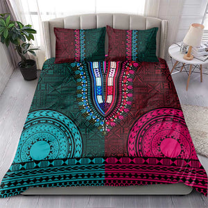 Teal-pink Dashiki and Tapa Pattern Bedding Set Africa-Polynesia Together Culture