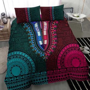 Teal-pink Dashiki and Tapa Pattern Bedding Set Africa-Polynesia Together Culture