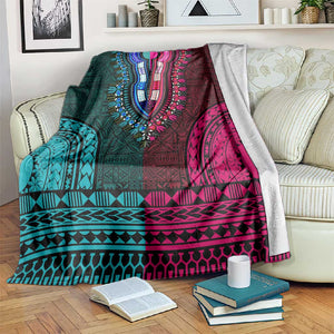 Teal-pink Dashiki and Tapa Pattern Blanket Africa-Polynesia Together Culture