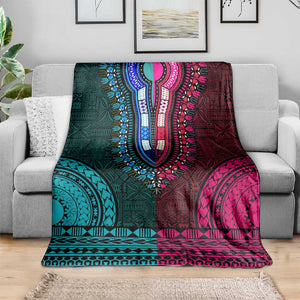 Teal-pink Dashiki and Tapa Pattern Blanket Africa-Polynesia Together Culture