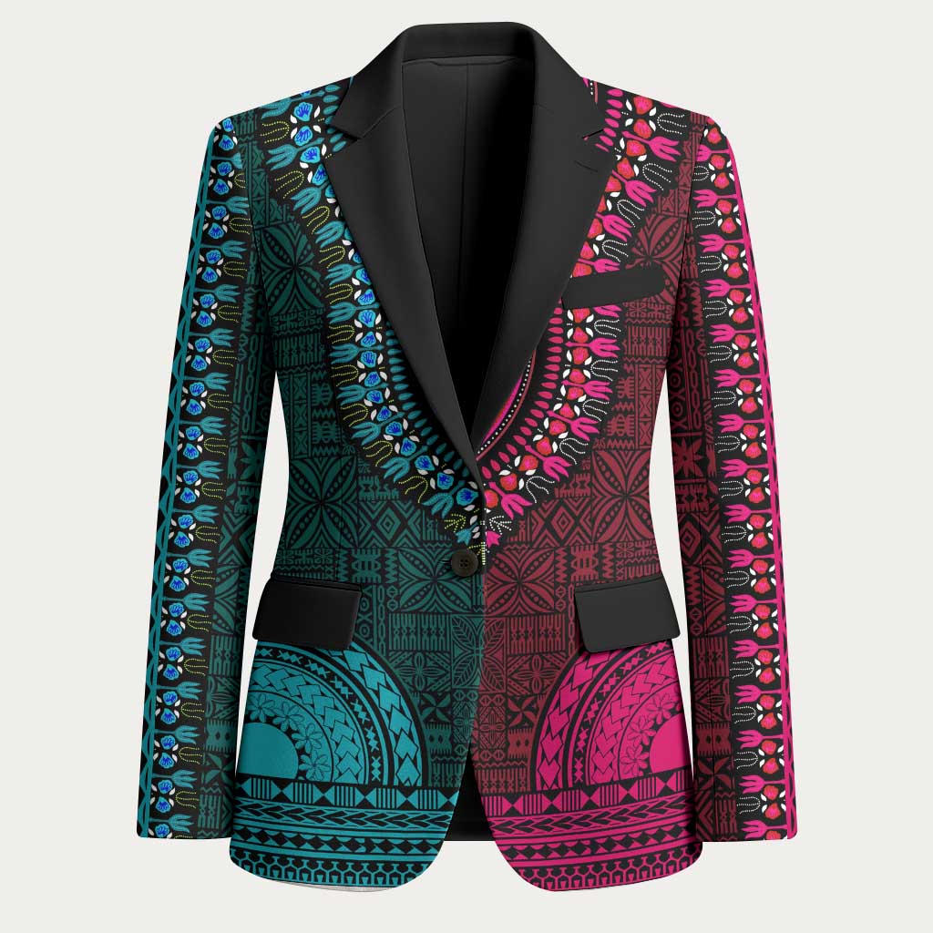 Teal-pink Dashiki and Tapa Pattern Blazer Africa-Polynesia Together Culture