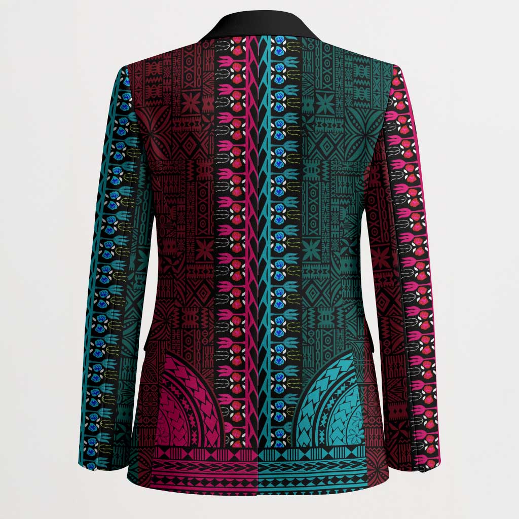 Teal-pink Dashiki and Tapa Pattern Blazer Africa-Polynesia Together Culture
