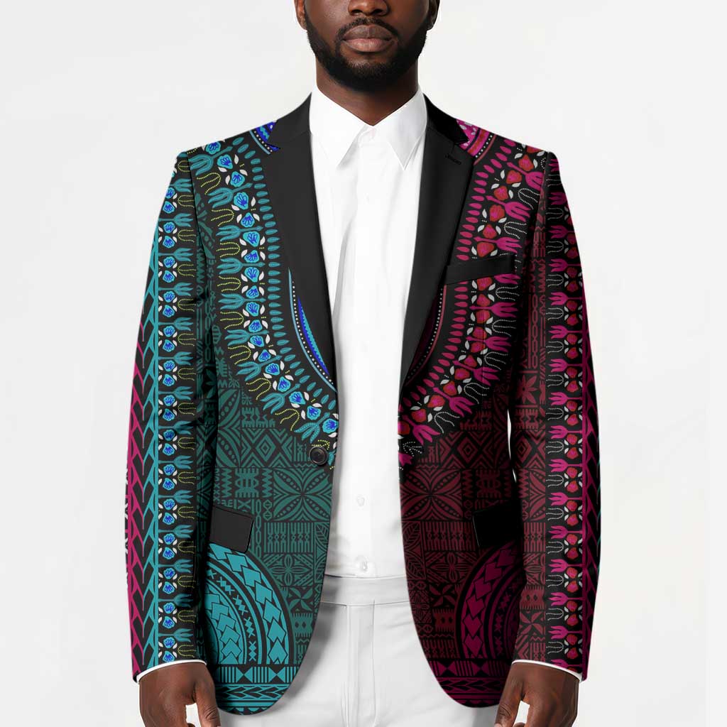 Teal-pink Dashiki and Tapa Pattern Blazer Africa-Polynesia Together Culture