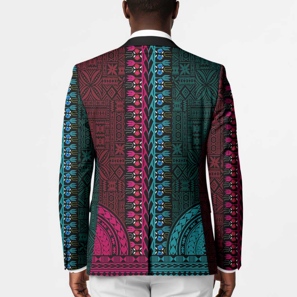 Teal-pink Dashiki and Tapa Pattern Blazer Africa-Polynesia Together Culture