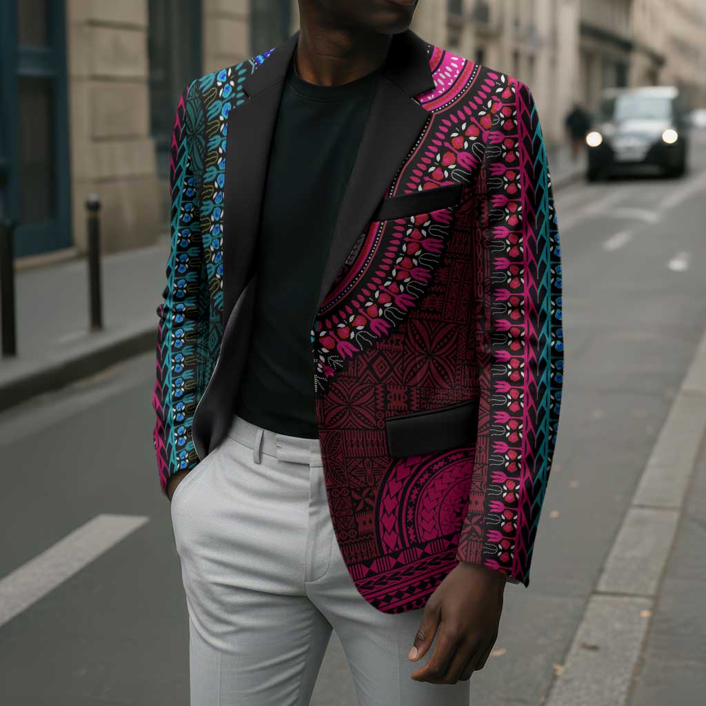 Teal-pink Dashiki and Tapa Pattern Blazer Africa-Polynesia Together Culture