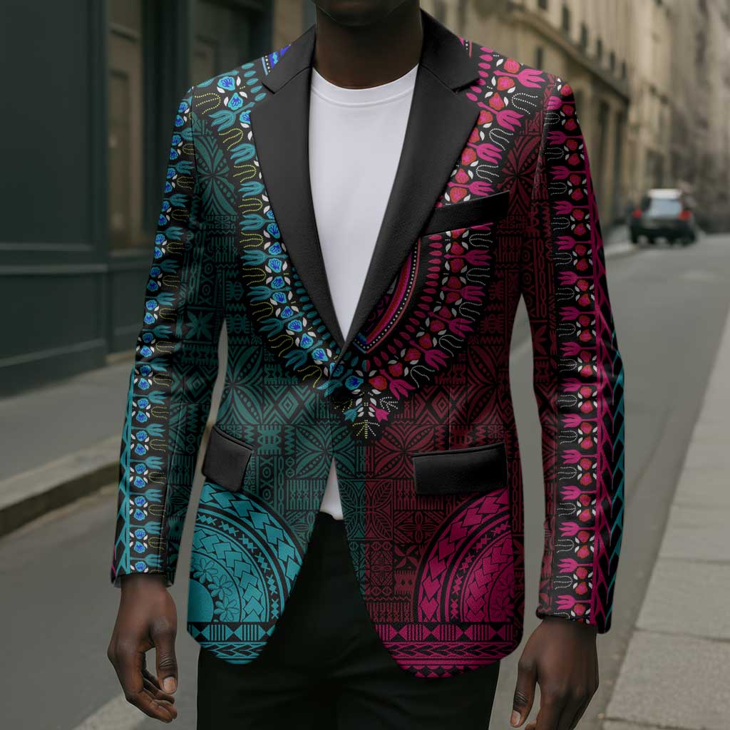 Teal-pink Dashiki and Tapa Pattern Blazer Africa-Polynesia Together Culture