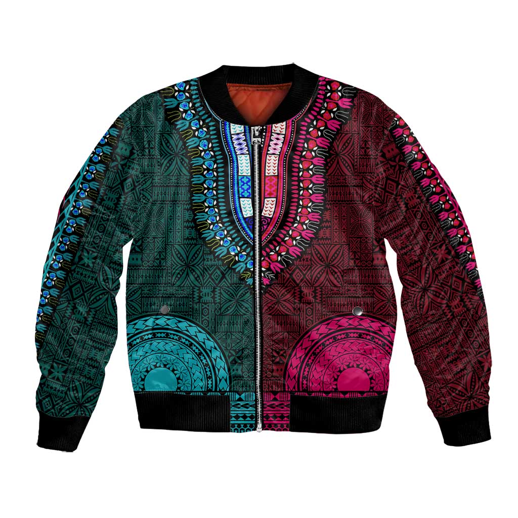 Teal-pink Dashiki and Tapa Pattern Bomber Jacket Africa-Polynesia Together Culture